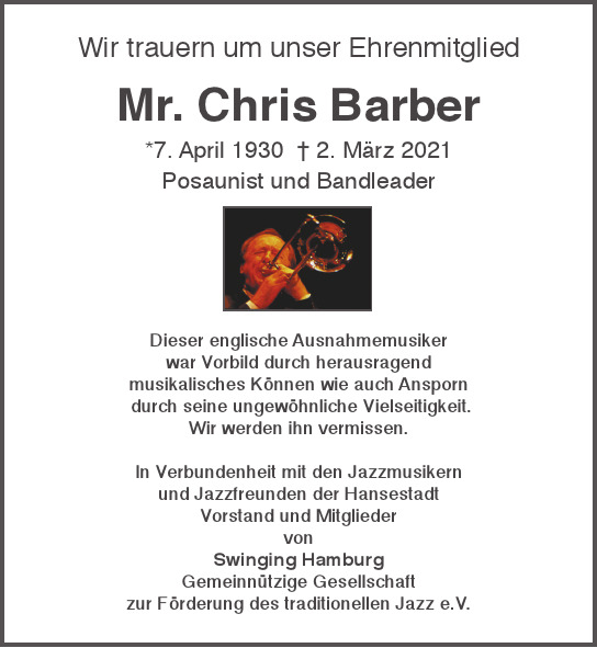 Traueranzeige von Chris  Barber  von Hamburger Tageszeitungen und Anzeigenblättern der FUNKE Mediengruppe