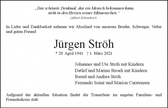 Traueranzeige von Jürgen Ströh  von Hamburger Tageszeitungen und Anzeigenblättern der FUNKE Mediengruppe
