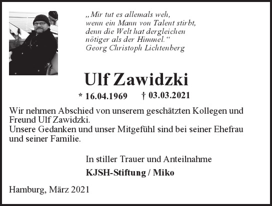 Traueranzeige von Ulf Zawidzki von Hamburger Tageszeitungen und Anzeigenblättern der FUNKE Mediengruppe