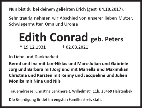 Traueranzeige von Edith  Conrad  von Hamburger Tageszeitungen und Anzeigenblättern der FUNKE Mediengruppe