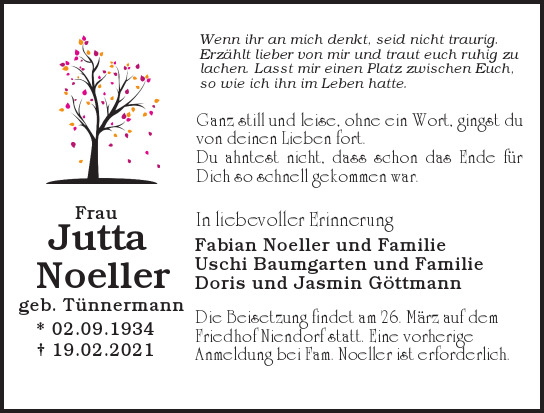 Traueranzeige von Jutta    Noeller  von Hamburger Tageszeitungen und Anzeigenblättern der FUNKE Mediengruppe