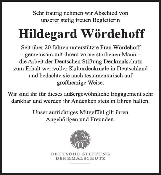 Traueranzeige von Hildegard  Wördehoff  von Hamburger Tageszeitungen und Anzeigenblättern der FUNKE Mediengruppe