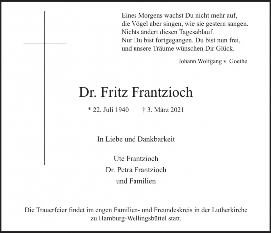 Traueranzeige von Fritz Frantzioch  von Hamburger Tageszeitungen und Anzeigenblättern der FUNKE Mediengruppe