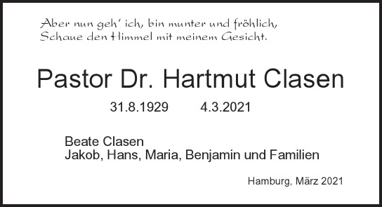 Traueranzeige von Hartmut  Clasen  von Hamburger Tageszeitungen und Anzeigenblättern der FUNKE Mediengruppe