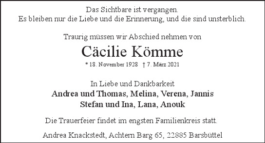Traueranzeige von Cäcilie  Kömme  von Hamburger Tageszeitungen und Anzeigenblättern der FUNKE Mediengruppe
