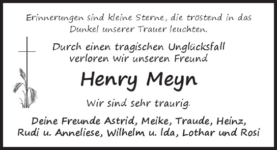 Traueranzeige von Henry  Meyn von Hamburger Tageszeitungen und Anzeigenblättern der FUNKE Mediengruppe