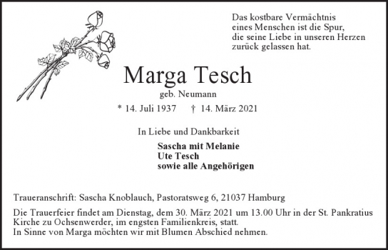 Traueranzeige von Marga Tesch von Hamburger Tageszeitungen und Anzeigenblättern der FUNKE Mediengruppe