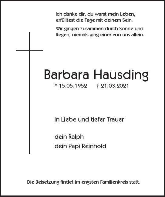 Traueranzeige von Barbara Hausding  von Hamburger Tageszeitungen und Anzeigenblättern der FUNKE Mediengruppe