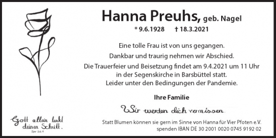 Traueranzeige von Hanna  Preuhs von Hamburger Tageszeitungen und Anzeigenblättern der FUNKE Mediengruppe