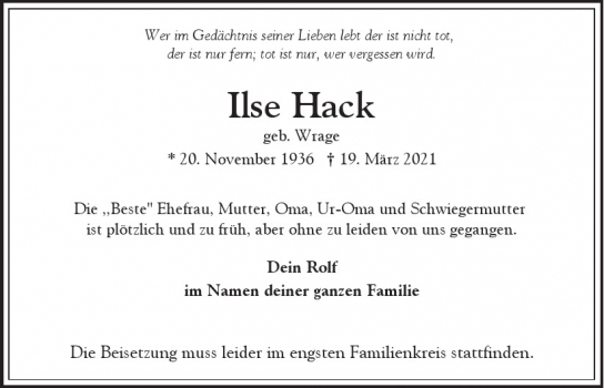 Traueranzeige von Ilse Hack  von Hamburger Tageszeitungen und Anzeigenblättern der FUNKE Mediengruppe