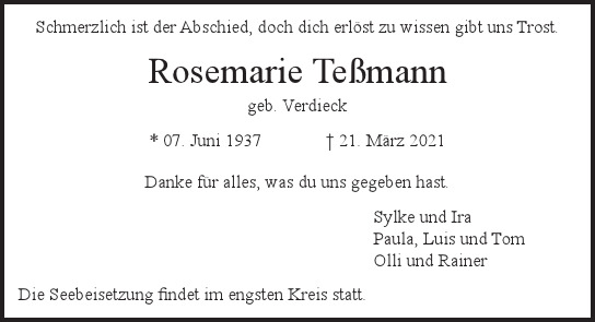Traueranzeige von Rosemarie  Teßmann  von Hamburger Tageszeitungen und Anzeigenblättern der FUNKE Mediengruppe