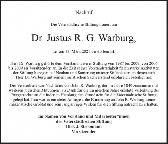 Traueranzeige von Justus R. G. Warburg von Hamburger Tageszeitungen und Anzeigenblättern der FUNKE Mediengruppe