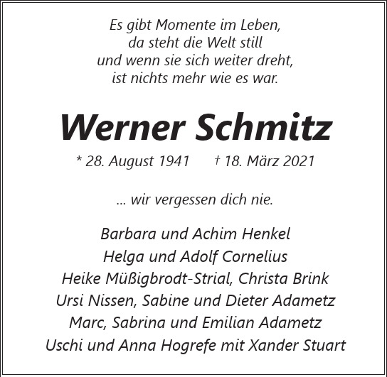 Traueranzeige von Werner  Schmitz  von Hamburger Tageszeitungen und Anzeigenblättern der FUNKE Mediengruppe