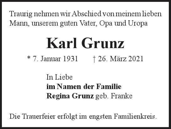 Traueranzeige von Karl  Grunz  von Hamburger Tageszeitungen und Anzeigenblättern der FUNKE Mediengruppe