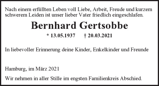 Traueranzeige von Bernhard  Gertsobbe  von Hamburger Tageszeitungen und Anzeigenblättern der FUNKE Mediengruppe