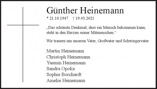 Traueranzeige von Günther Heinemann  von Hamburger Tageszeitungen und Anzeigenblättern der FUNKE Mediengruppe