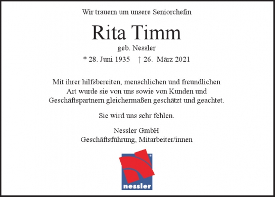 Traueranzeige von Rita Timm  von Hamburger Tageszeitungen und Anzeigenblättern der FUNKE Mediengruppe
