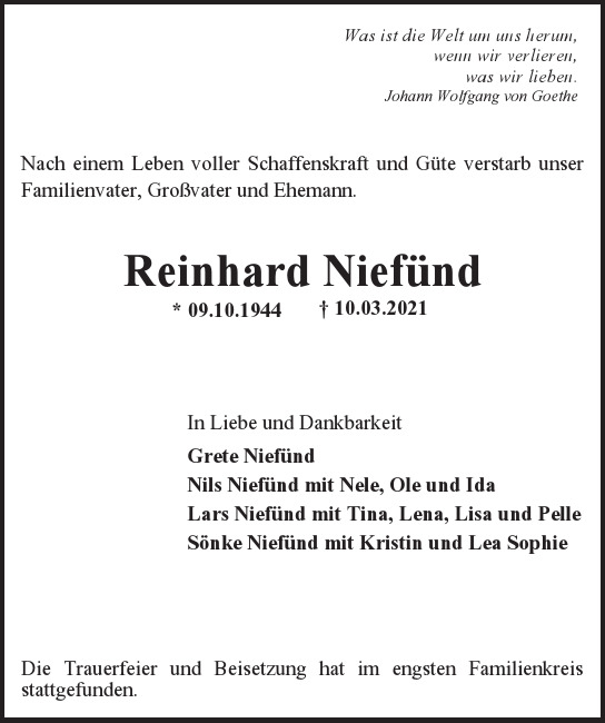 Traueranzeige von Reinhard  Niefünd  von Hamburger Tageszeitungen und Anzeigenblättern der FUNKE Mediengruppe