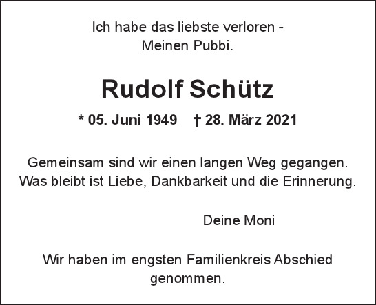 Traueranzeige von Rudolf  Schütz  von Hamburger Tageszeitungen und Anzeigenblättern der FUNKE Mediengruppe
