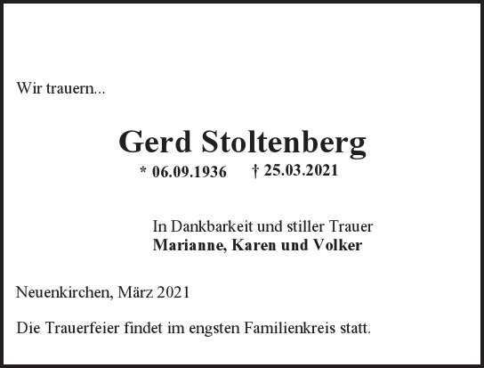 Traueranzeige von Gerd  Stoltenberg  von Hamburger Tageszeitungen und Anzeigenblättern der FUNKE Mediengruppe