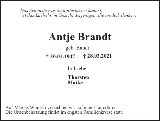 Traueranzeige von Antje  Brandt  von Hamburger Tageszeitungen und Anzeigenblättern der FUNKE Mediengruppe