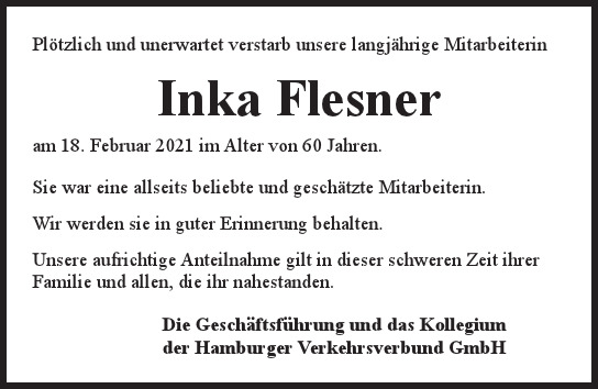 Traueranzeige von Inka Flesner  von Hamburger Tageszeitungen und Anzeigenblättern der FUNKE Mediengruppe