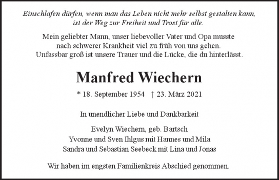 Traueranzeige von Manfred Wiechern  von Hamburger Tageszeitungen und Anzeigenblättern der FUNKE Mediengruppe