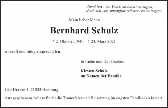 Traueranzeige von Bernhard Schulz  von Hamburger Tageszeitungen und Anzeigenblättern der FUNKE Mediengruppe