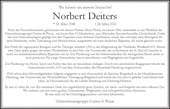 Traueranzeige von Norbert Deiters  von Hamburger Tageszeitungen und Anzeigenblättern der FUNKE Mediengruppe