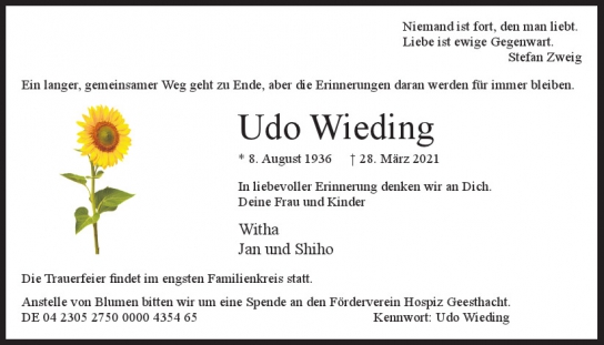 Traueranzeige von Udo Wieding  von Hamburger Tageszeitungen und Anzeigenblättern der FUNKE Mediengruppe