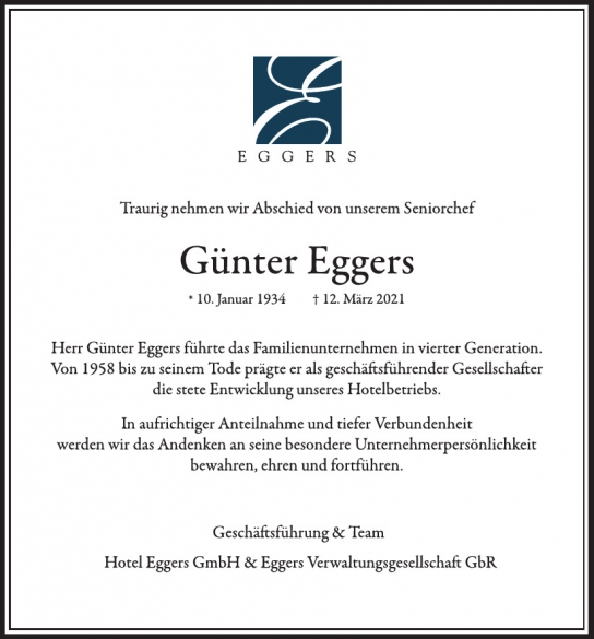 Traueranzeige von Günter Eggers  von Hamburger Tageszeitungen und Anzeigenblättern der FUNKE Mediengruppe