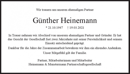 Traueranzeige von Günther Heinemann  von Hamburger Tageszeitungen und Anzeigenblättern der FUNKE Mediengruppe