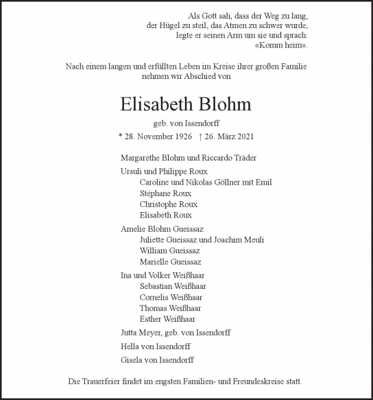 Traueranzeige von Elisabeth Blohm  von Hamburger Tageszeitungen und Anzeigenblättern der FUNKE Mediengruppe