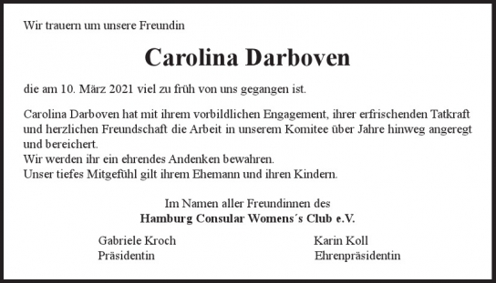 Traueranzeige von Carolina Darboven  von Hamburger Tageszeitungen und Anzeigenblättern der FUNKE Mediengruppe