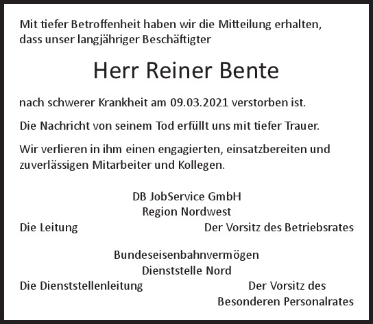 Traueranzeige von Reiner  Bente  von Hamburger Tageszeitungen und Anzeigenblättern der FUNKE Mediengruppe