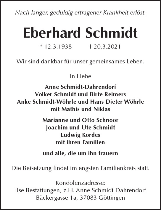 Traueranzeige von Eberhard  Schmidt  von Hamburger Tageszeitungen und Anzeigenblättern der FUNKE Mediengruppe