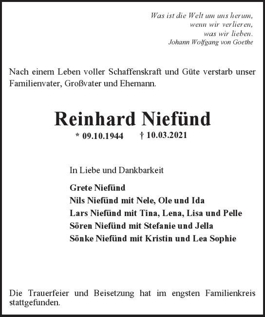 Traueranzeige von Reinhard  Niefünd  von Hamburger Tageszeitungen und Anzeigenblättern der FUNKE Mediengruppe