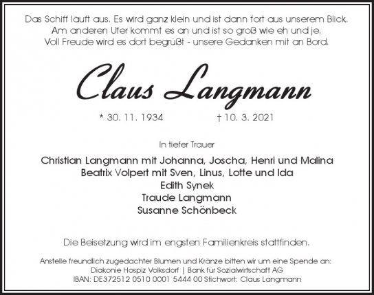 Traueranzeige von Claus Langmann von Hamburger Tageszeitungen und Anzeigenblättern der FUNKE Mediengruppe