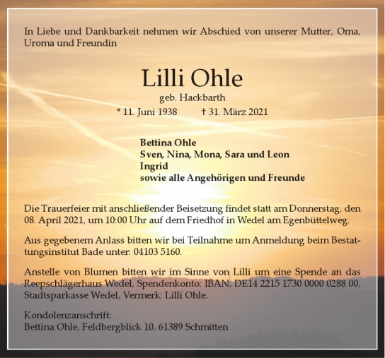 Traueranzeige von Lilli Ohle  von Hamburger Tageszeitungen und Anzeigenblättern der FUNKE Mediengruppe