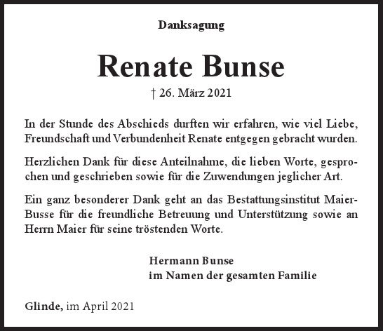 Traueranzeige von Renate  Bunse  von Hamburger Tageszeitungen und Anzeigenblättern der FUNKE Mediengruppe