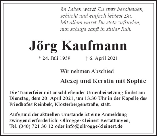 Traueranzeige von Jörg  Kaufmann  von Hamburger Tageszeitungen und Anzeigenblättern der FUNKE Mediengruppe