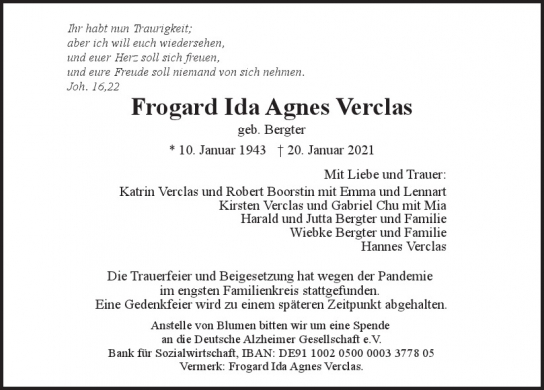 Traueranzeige von Frogard Ida Agnes Verclas  von Hamburger Tageszeitungen und Anzeigenblättern der FUNKE Mediengruppe