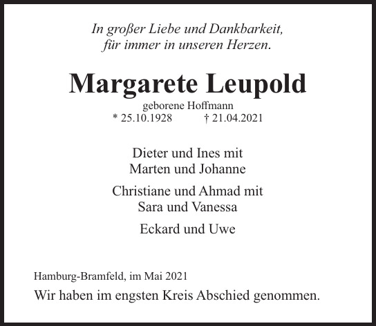 Traueranzeige von Margarete Leupold  von Hamburger Tageszeitungen und Anzeigenblättern der FUNKE Mediengruppe