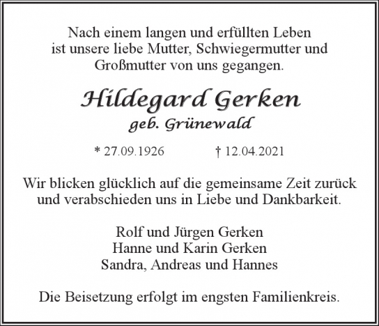Traueranzeige von Hildegard Gerken von Hamburger Tageszeitungen und Anzeigenblättern der FUNKE Mediengruppe