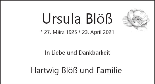 Traueranzeige von Ursula  Blöß  von Hamburger Tageszeitungen und Anzeigenblättern der FUNKE Mediengruppe