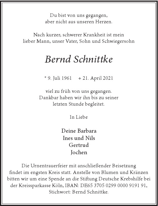 Traueranzeige von Bernd  Schnittke  von Hamburger Tageszeitungen und Anzeigenblättern der FUNKE Mediengruppe