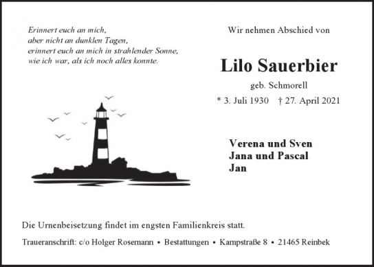 Traueranzeige von Lilo Sauerbier  von Hamburger Tageszeitungen und Anzeigenblättern der FUNKE Mediengruppe