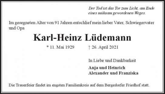 Traueranzeige von Karl-Heinz  Lüdemann  von Hamburger Tageszeitungen und Anzeigenblättern der FUNKE Mediengruppe