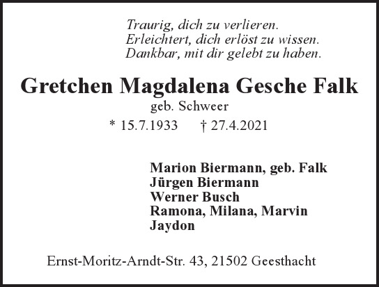 Traueranzeige von Gretchen Magdalena Gesche Falk von Hamburger Tageszeitungen und Anzeigenblättern der FUNKE Mediengruppe