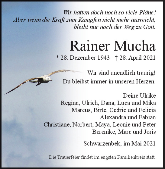 Traueranzeige von Rainer Mucha von Hamburger Tageszeitungen und Anzeigenblättern der FUNKE Mediengruppe